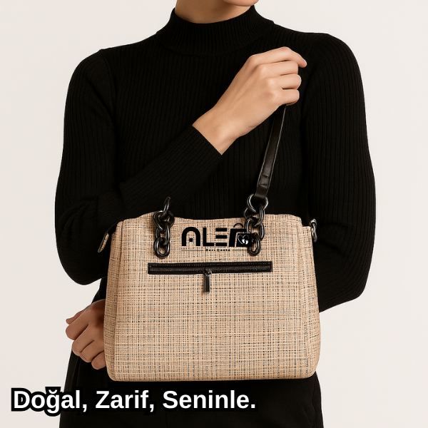 Hasır Dokulu Bej Hakiki Deri Kol Çantası