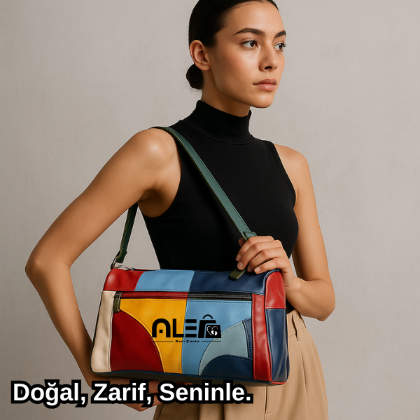 Renkli Patchwork Hakiki Deri Omuz Çantası