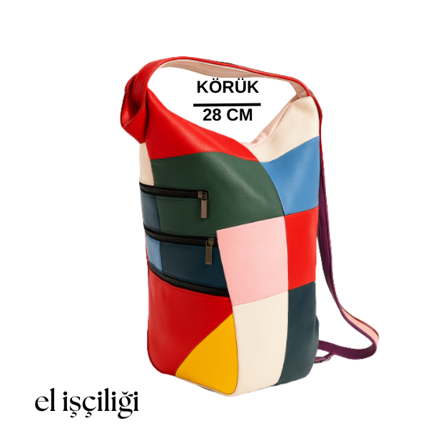 Geometrik Renkli Deri Omuz Çantası